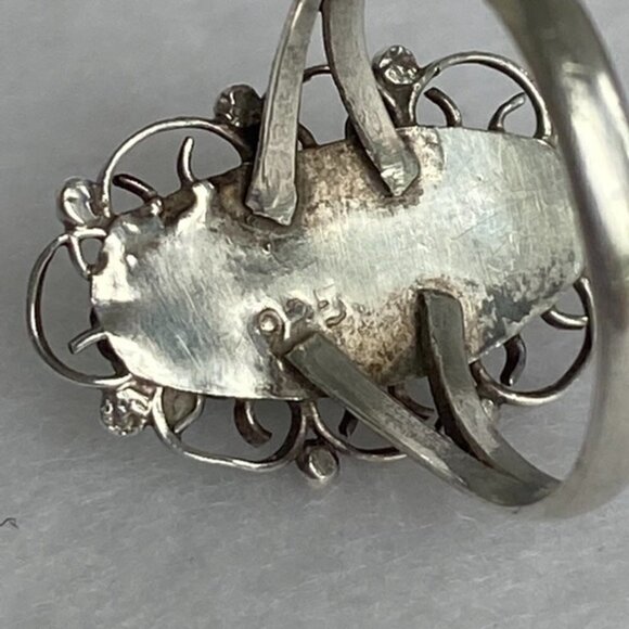 VTG Sterling Silver 925 Filigree Scrollwork Oval Bezel Set Green Onyx Ring 5.5 - Picture 7 of 16